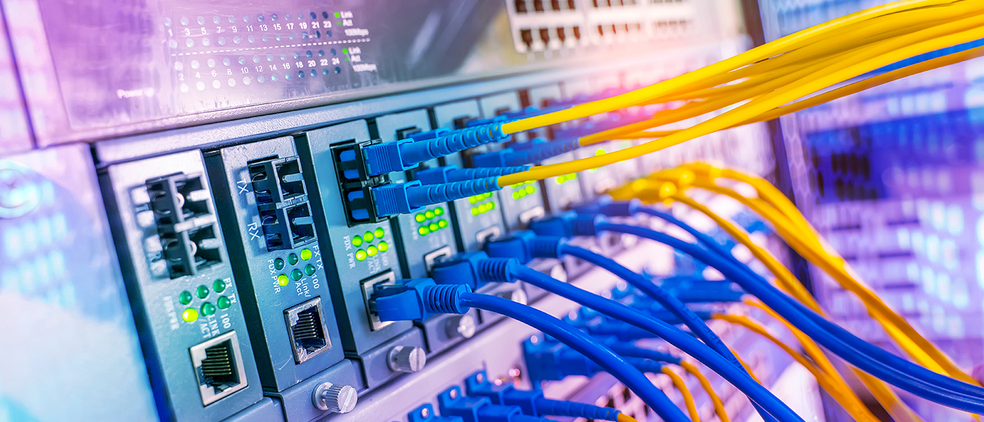 Network switch with blue and yellow ethernet cables connected, showing active data connections and indicator lights for a structured cabling installation