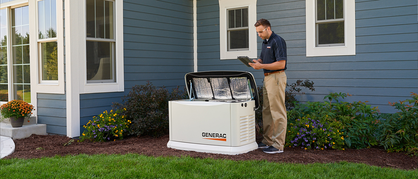 Home generator technician performing Generac system inspection and residential electrical service