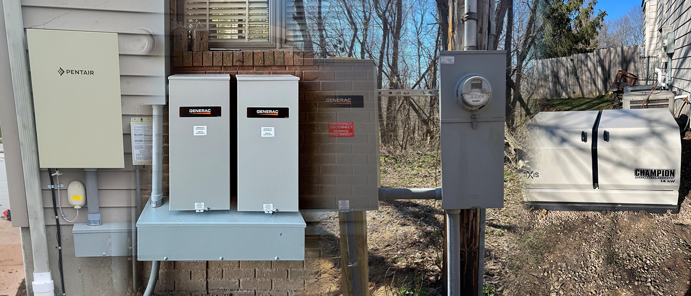Residential backup power installation featuring Generac automatic transfer switches, electric meter, and Champion standby generator mounted on concrete pad for whole-home emergency power protection