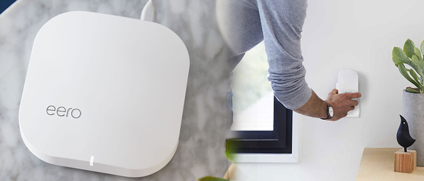 Eero mesh WiFi router with homeowner adjusting smart home device professional installation services for residential internet systems