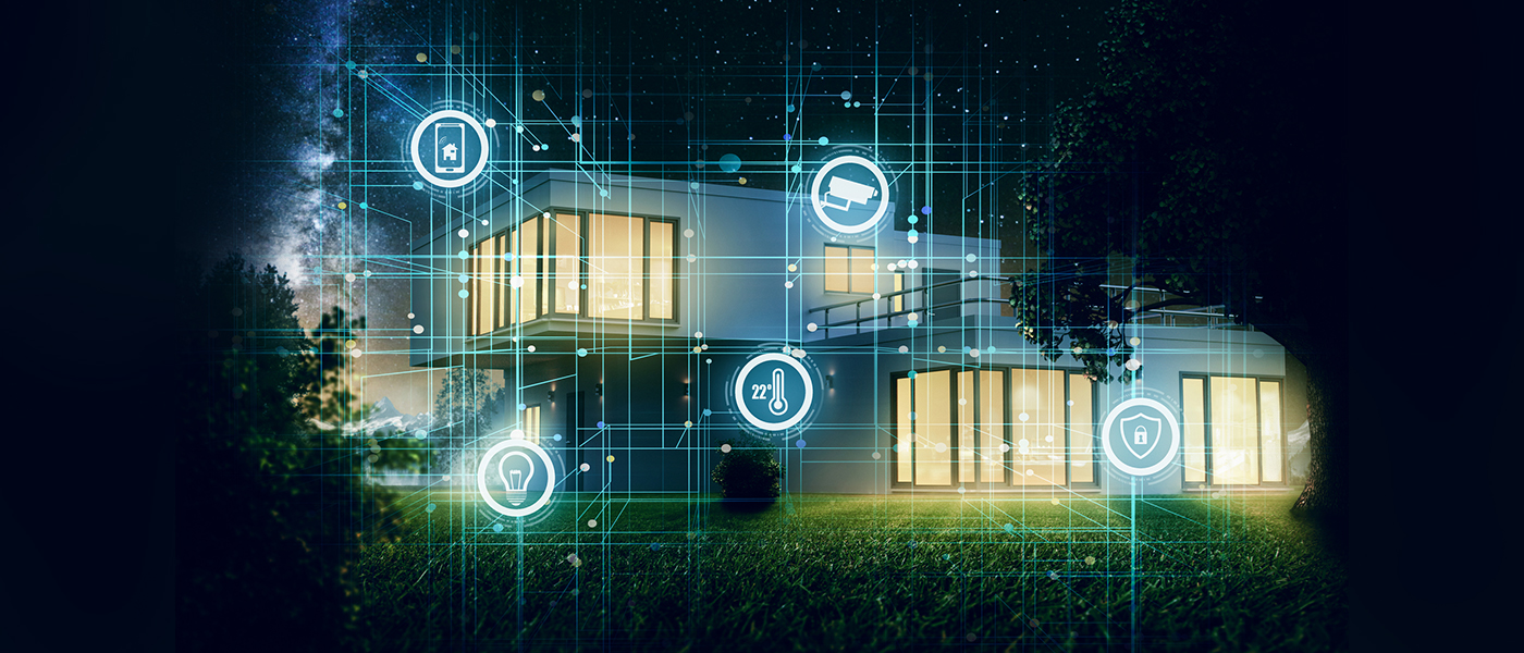 Modern home at night with digital smart security overlay displaying icons for doorbell cameras thermostat lighting and security systems professional residential security installation services